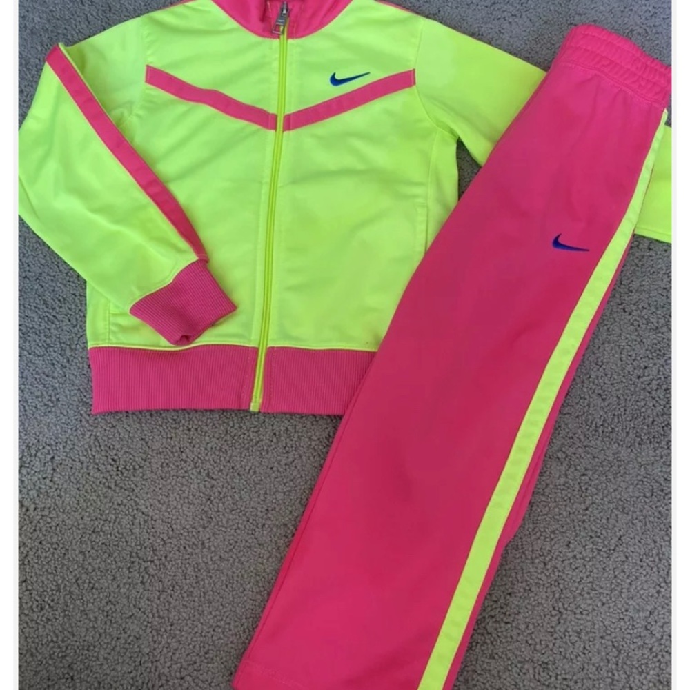 Nike neon pink yellow track jacket pants set girl sz 4 A1